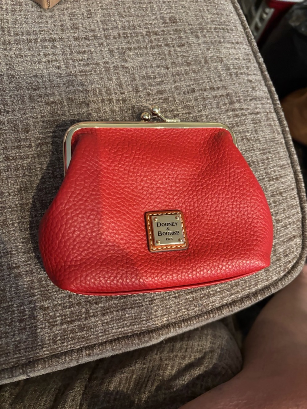 Dooney & Bourke Red Pebbled Leather Kiss-Lock Coin Pouch with Gold Trim